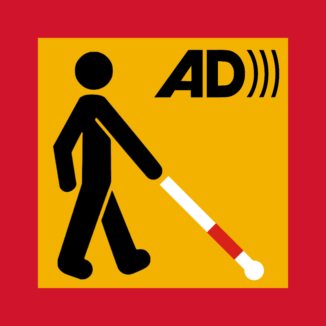 Audio description accessibility icon showing a person using a white cane